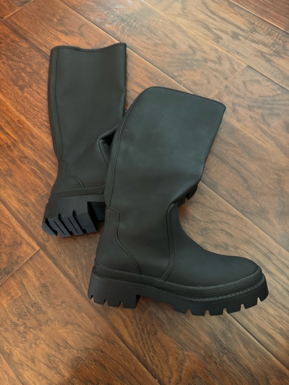 Zara Tall Black Chunky Lug Sole Riding Boots - Picture 2 of 5